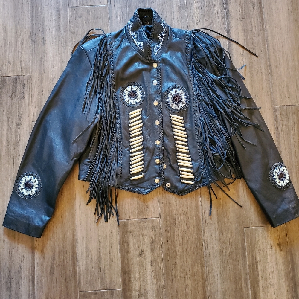 Leather embellished motorcycle jacket